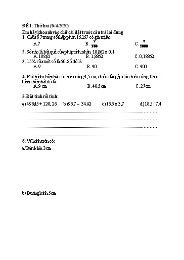 Bài ôn tập Toán, Tiếng Việt Lớp 5 - Từ 6/4 đến 10/4 - Năm học 2019-2020 - Trường Tiểu học Tân Quới A