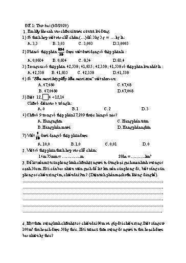Bài ôn tập Toán, Tiếng Việt Lớp 5 - Từ 9/3 đến 13/3 - Năm học 2019-2020 - Trường Tiểu học Tân Quới A