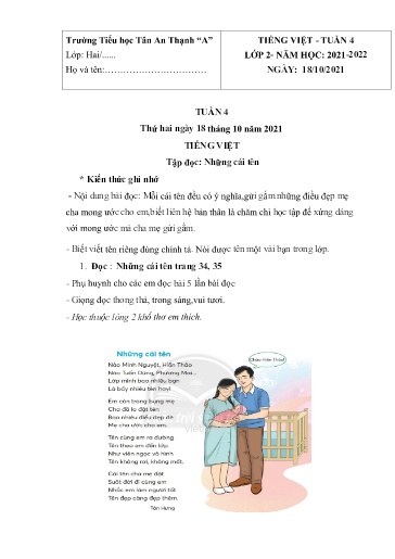 Bài ôn Tiếng Việt, Toán Lớp 2 - Tuần 4 - Năm học 2021-2022 - Trường Tiểu học Tân An Thạnh “A”