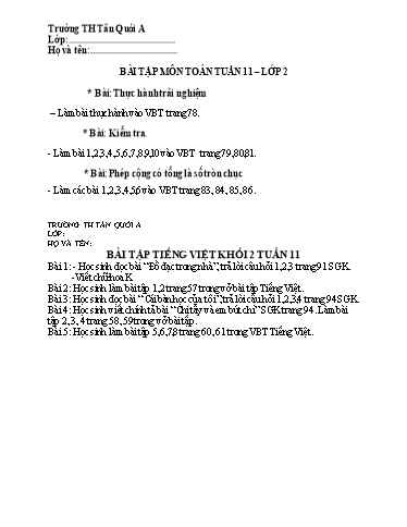 Bài tập các môn Lớp 2 - Tuần 11 - Năm học 2021-2022 - Trường Tiểu học Tân Quới A