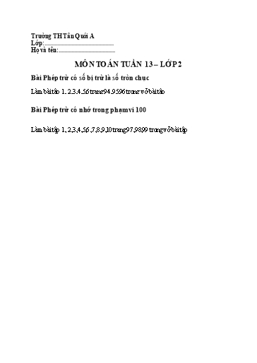 Bài tập các môn Lớp 2 - Tuần 13 - Năm học 2021-2022 - Trường Tiểu học Tân Quới A