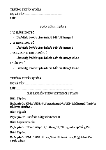 Bài tập các môn Lớp 2 - Tuần 8 - Năm học 2021-2022 - Trường Tiểu học Tân Quới A