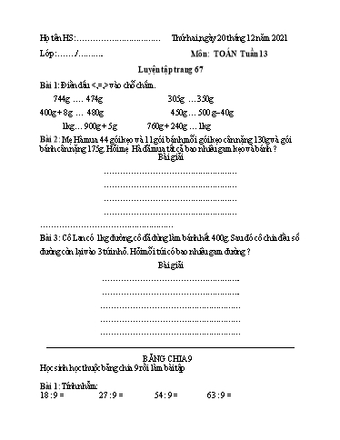 Bài tập các môn Lớp 3 - Tuần 13 - Năm học 2021-2022 - Trường Tiểu học Tân Quới A