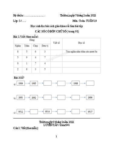 Bài tập các môn Lớp 3 - Tuần 19 - Năm học 2021-2022 - Trường Tiểu học Tân Quới A