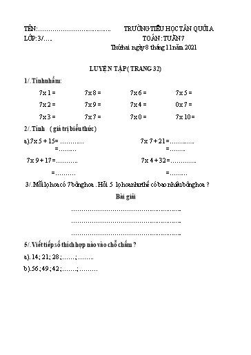 Bài tập các môn Lớp 3 - Tuần 7 - Năm học 2021-2022 - Trường Tiểu học Tân Quới A