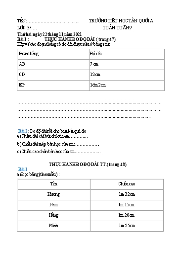 Bài tập các môn Lớp 3 - Tuần 9 - Năm học 2021-2022 - Trường Tiểu học Tân Quới A