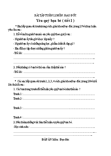Bài tập Đạo đức Lớp 2 - Tuần 12 - Trường Tiểu học Thành Lợi C (Có đáp án)