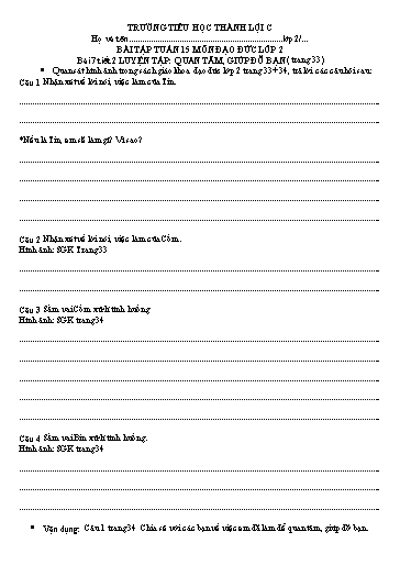 Bài tập Đạo đức Lớp 2 - Tuần 15, Bài 7: Quan tâm, giúp đỡ bạn - Trường Tiểu học Thành Lợi C (Có đáp án)