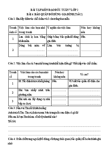 Bài tập Đạo đức Lớp 2 - Tuần 7, Bài 4: Bảo quản đồ dùng gia đình (Tiết 2) - Trường Tiểu học Thành Lợi C (Có đáp án)