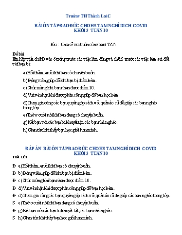 Bài tập Đạo đức Lớp 3 - Tuần 10, Bài: Chia sẻ vui buồn cùng bạn (Tiết 2) - Trường Tiểu học Thành Lợi C (Có đáp án)