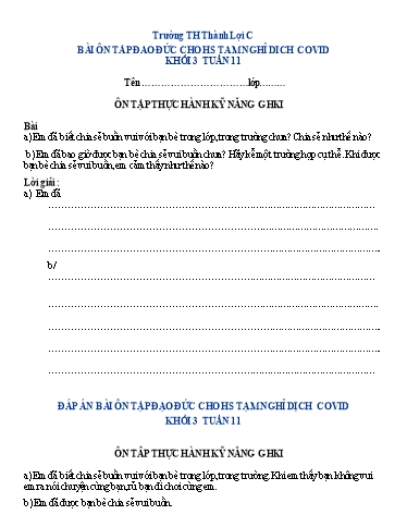 Bài tập Đạo đức Lớp 3 - Tuần 11 - Trường Tiểu học Thành Lợi C (Có đáp án)