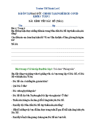 Bài tập Đạo đức Lớp 3 - Tuần 2, Bài: Kính yêu Bác Hồ (Tiết 2) - Trường Tiểu học Thành Lợi C (Có đáp án)
