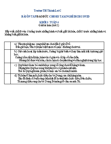 Bài tập Đạo đức Lớp 3 - Tuần 4 - Trường Tiểu học Thành Lợi C (Có đáp án)
