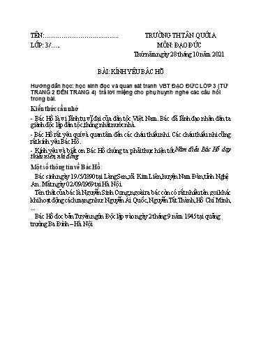 Bài tập Đạo đức Lớp 3 - Tuần 5 - Năm học 2021-2022 - Trường Tiểu học Tân Quới A (Có đáp án)