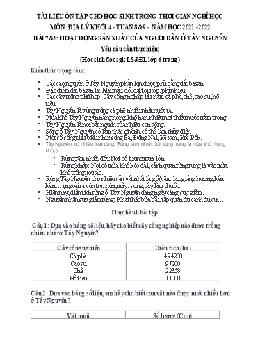 Bài tập Địa lí Lớp 4 - Tuần 8+9, Bài 7+8: Hoạt động sản xuát của người dân ở Tây Nguyên - Trường Tiểu học Thành Lợi C (Có đáp án)