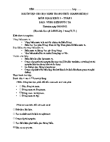 Bài tập Địa lí Lớp 5 - Tuần 5, Bài 5: Vùng biển nước ta - Trường Tiểu học Thành Lợi C (Có đáp án)