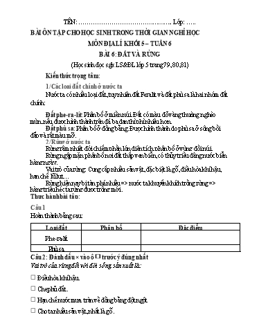 Bài tập Địa lí Lớp 5 - Tuần 6, Bài 6: Đất và rừng - Trường Tiểu học Thành Lợi C (Có đáp án)