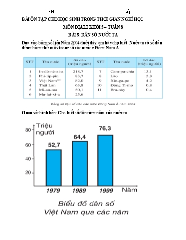 Bài tập Địa lý Lớp 4 - Tuần 8, Bài 8: Dân số nước ta - Trường Tiểu học Thành Lợi C (Có đáp án)