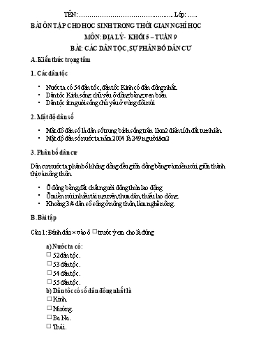 Bài tập Địa lý Lớp 4 - Tuần 9, Bài: Các dân tộc, sự phân bố dân cư - Trường Tiểu học Thành Lợi C (Có đáp án)