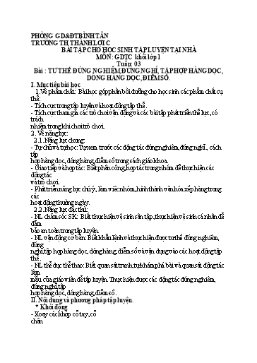 Bài tập Giáo dục thể chất Lớp 1 - Tuần 3, Bài: Tư thế đứng nghiêm, đứng nghỉ, tập hợp hàng dọc, dóng hàng dọc, điểm số - Trường Tiểu học Thành Lợi C