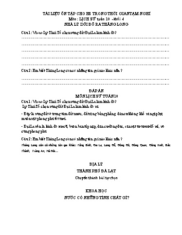 Bài tập Khoa học, Lịch sử và Địa lí Lớp 4 - Tuần 10 - Trường Tiểu học Thành Lợi C (Có đáp án)