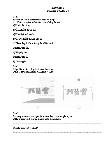 Bài tập Khoa học, Lịch sử và Địa lí Lớp 4 - Tuần 11 - Trường Tiểu học Thành Lợi C (Có đáp án)