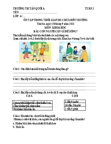 Bài tập Khoa học Lớp 4 - Tuần 1, Bài: Con người cần gì để sống? - Năm học 2021-2022 - Trường Tiểu học Tân Quới A