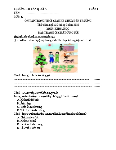 Bài tập Khoa học Lớp 4 - Tuần 1, Bài: Trao đổi chất ở người - Năm học 2021-2022 - Trường Tiểu học Tân Quới A (Có đáp án)