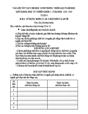 Bài tập Khoa học Lớp 4 - Tuần 5 - Trường Tiểu học Thành Lợi C (Có đáp án)