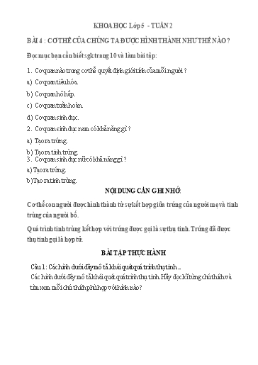 Bài tập Khoa học Lớp 5 - Tuần 2, Bài 4: Cơ thể của chúng ta được hình thành như thế nào? - Trường Tiểu học Thành Lợi C (Có đáp án)