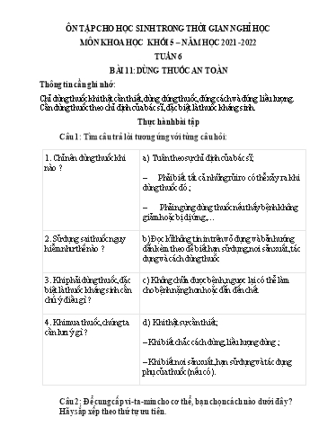 Bài tập Khoa học Lớp 5 - Tuần 6, Bài 11: Dùng thuốc an toàn - Trường Tiểu học Thành Lợi C (Có đáp án)