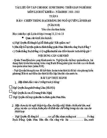 Bài tập Lịch sử Lớp 4 - Tuần 5 - Trường Tiểu học Thành Lợi C (Có đáp án)