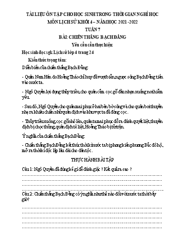Bài tập Lịch sử Lớp 4 - Tuần 7, Bài: Chiến thắng Bạch Đằng - Trường Tiểu học Thành Lợi C (Có đáp án)