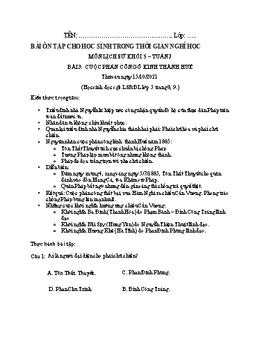 Bài tập Lịch sử Lớp 5 - Tuần 3, Bài 3: Cuộc phản công ở kinh thành Huế - Trường Tiểu học Thành Lợi C (Có đáp án)