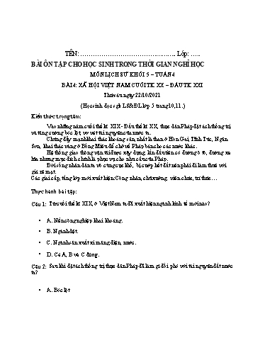 Bài tập Lịch sử Lớp 5 - Tuần 4, Bài 4: Xã hội Việt Nam cuối thế kỉ XX – đầu thế kỉ XXI - Trường Tiểu học Thành Lợi C