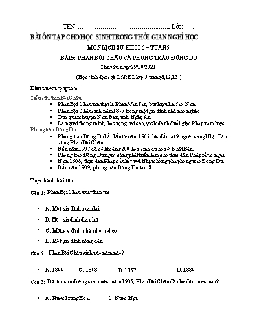 Bài tập Lịch sử Lớp 5 - Tuần 5, Bài 5: Phan Bội Châu và phong trào Đông Du - Trường Tiểu học Thành Lợi C (Có đáp án)