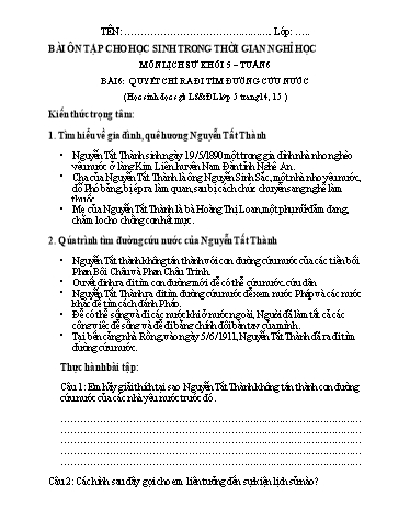 Bài tập Lịch sử Lớp 5 - Tuần 6, Bài 6: Quyết chí ra đi tìm đường cứu nước - Trường Tiểu học Thành Lợi C (Có đáp án)
