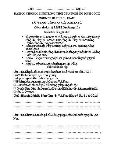 Bài tập Lịch sử Lớp 5 - Tuần 7, Bài 7: Đảng Cộng sản Việt Nam ra đời - Trường Tiểu học Thành Lợi C (Có đáp án)