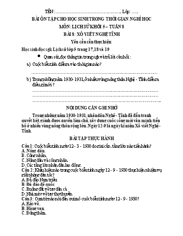Bài tập Lịch sử Lớp 5 - Tuần 8, Bài 8: Xô Viết Nghệ Tĩnh - Trường Tiểu học Thành Lợi C (Có đáp án)