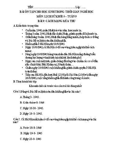 Bài tập Lịch sử Lớp 5 - Tuần 9, Bài 9: Cách mạng mùa thu - Trường Tiểu học Thành Lợi C (Có đáp án)