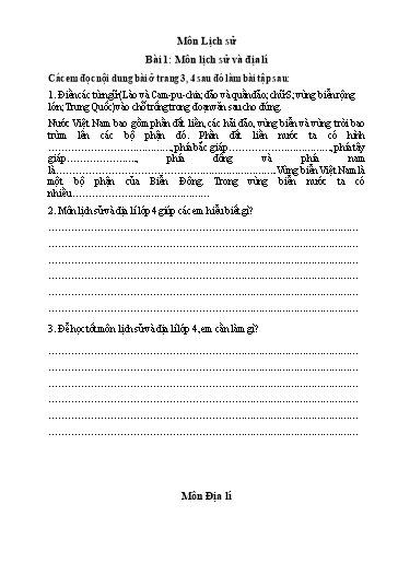 Bài tập Lịch sử và Địa lí Lớp 4 - Tuần 1 - Năm học 2021-2022 - Trường Tiểu học Tân Quới A (Có đáp án)