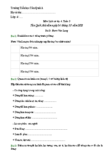 Bài tập Lịch sử và Địa lí Lớp 4 - Tuần 3 - Năm học 2021-2022 - Trường Tiểu học Tân Quới A (Có đáp án)