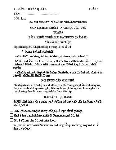 Bài tập Lịch sử và Địa lí Lớp 4 - Tuần 5 - Năm học 2021-2022 - Trường Tiểu học Tân Quới A (Có đáp án)