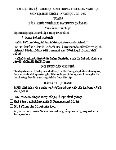 Bài tập Lịch sử và Địa lí Lớp 4 - Tuần 5 - Trường Tiểu học Thành Lợi C (Có đáp án)