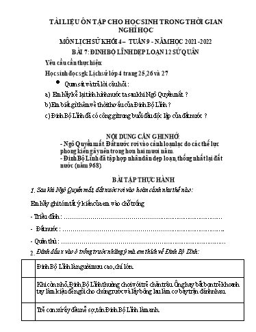 Bài tập Lịch sử và Địa lí Lớp 4 - Tuần 9 - Trường Tiểu học Thành Lợi C (Có đáp án)