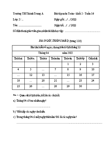 Bài tập môn Toán Lớp 2 - Tuần 16 - Năm học 2021-2022 - Trường Tiểu học Thành Trung A