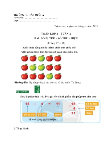 Bài tập môn Toán Lớp 2 - Tuần 2 - Năm học 2021-2022 - Trường Tiểu học Tân Quới A