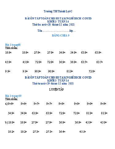 Bài tập môn Toán Lớp 3 - Tuần 14 - Trường Tiểu học Thành Lợi C (Có đáp án)
