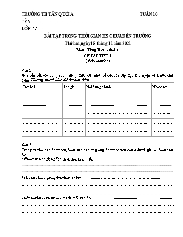 Bài tập Nghỉ dịch Covid môn Tiếng Việt Lớp 4 - Tuần 10 - Năm học 2021-2022 - Trường Tiểu học Tân Quới A