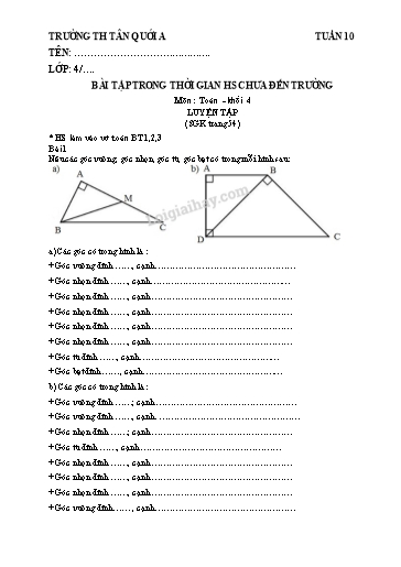 Bài tập Nghỉ dịch Covid môn Toán Lớp 4 - Tuần 10 - Năm học 2021-2022 - Trường Tiểu học Tân Quới A